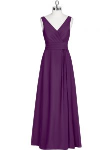 Custom Design Floor Length Eggplant Purple Prom Dresses Chiffon Sleeveless Ruching