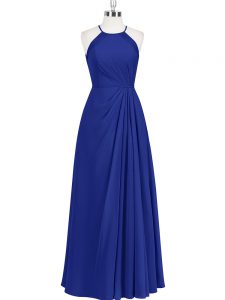 Glamorous Royal Blue Zipper Halter Top Ruching Prom Dress Chiffon Sleeveless