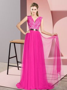 Pretty Tulle V-neck Sleeveless Sweep Train Zipper Beading and Lace and Belt Dress for Prom in Fuchsia