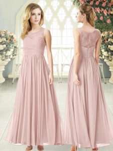 Simple Sleeveless Chiffon Ankle Length Zipper Prom Dress in Pink with Lace