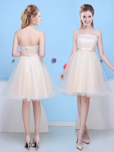 Knee Length Lace Up Wedding Guest Dresses Champagne for Prom and Party and Wedding Party with Bowknot