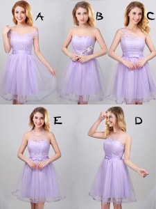 High Class Lavender Off The Shoulder Neckline Lace and Appliques and Belt Bridesmaids Dress Sleeveless Lace Up