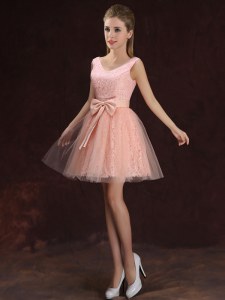 Elegant Tulle and Lace V-neck Sleeveless Lace Up Lace and Bowknot Damas Dress in Peach