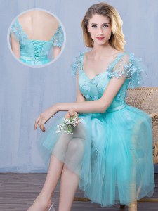 Customized Tulle Sweetheart Short Sleeves Lace Up Lace and Appliques and Bowknot Quinceanera Court of Honor Dress in Aqua Blue