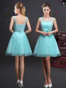Customized Tulle Scoop Sleeveless Lace Up Beading and Lace and Appliques and Belt Dama Dress for Quinceanera in Aqua Blue
