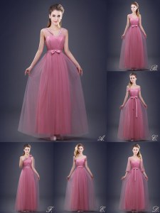 Pink Tulle Lace Up Bridesmaid Dress Sleeveless Floor Length Beading and Appliques and Ruching and Bowknot and Hand Made Flower