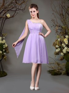 Sexy One Shoulder Sleeveless Mini Length Beading and Ruching Zipper Wedding Party Dress with Lavender