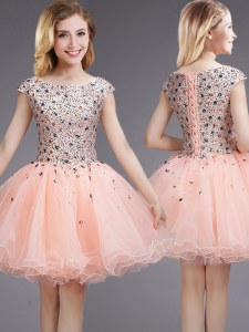 Discount Pink Cap Sleeves Mini Length Beading and Sequins Lace Up Bridesmaids Dress