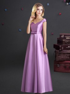 Discount Off the Shoulder Cap Sleeves Floor Length Zipper Wedding Guest Dresses Lilac for Prom and Party and Wedding Party with Bowknot