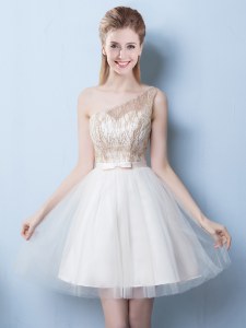 Champagne Lace Up One Shoulder Sequins and Bowknot Dama Dress for Quinceanera Tulle Sleeveless