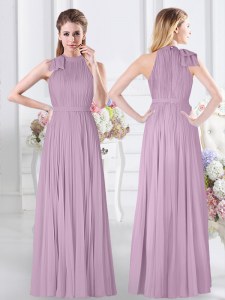 Glittering Floor Length Zipper Bridesmaid Dress Lavender for Prom and Party and Wedding Party with Ruching