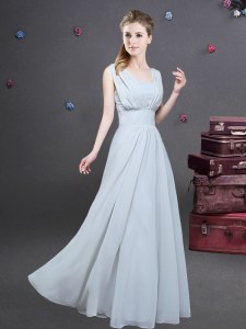 Elegant Square Grey Sleeveless Floor Length Ruching Zipper Dama Dress