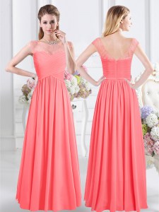 Sophisticated Watermelon Red Scoop Zipper Lace and Ruching Quinceanera Dama Dress Cap Sleeves