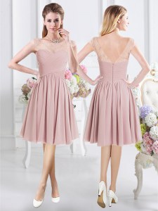 Colorful Scoop Pink Cap Sleeves Lace and Ruching Knee Length Bridesmaids Dress