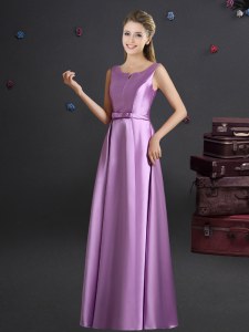 Great Lilac Empire Elastic Woven Satin Straps Sleeveless Bowknot Floor Length Zipper Damas Dress