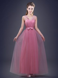 Dynamic Pink Sleeveless Appliques and Ruching and Bowknot Floor Length Damas Dress