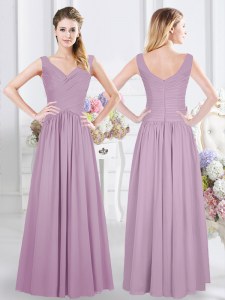 Lavender Empire Ruching Bridesmaid Dress Zipper Chiffon Sleeveless Floor Length