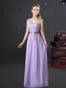 Cheap One Shoulder Floor Length Lace Up Court Dresses for Sweet 16 Lavender for Prom and Party and Wedding Party with Lace and Appliques and Belt