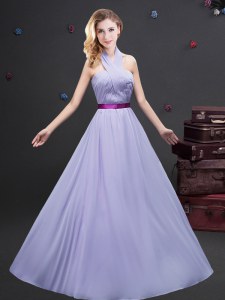 New Style Halter Top Belt Wedding Guest Dresses Lavender Zipper Sleeveless Floor Length