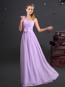 One Shoulder Sleeveless Zipper Floor Length Ruching and Hand Made Flower Bridesmaid Gown