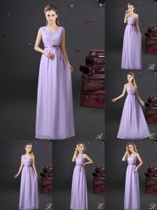 V-neck Sleeveless Dama Dress Floor Length Lace and Appliques and Belt Lavender Chiffon