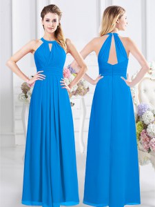Baby Blue Chiffon Zipper Halter Top Sleeveless Floor Length Bridesmaid Dresses Ruching