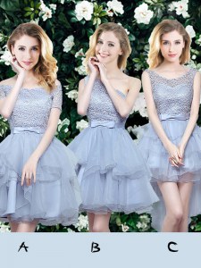 Off the Shoulder Organza Sleeveless Mini Length Bridesmaid Dress and Lace and Ruffles and Belt