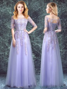 Empire Dama Dress Lavender Square Tulle Half Sleeves Floor Length Lace Up