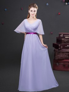 Floor Length Empire Half Sleeves Lavender Bridesmaid Gown Zipper