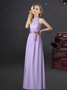 Smart Lavender Bridesmaid Gown Prom and Party and Wedding Party and For with Lace and Belt Halter Top Sleeveless Lace Up