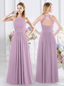 Extravagant Halter Top Ruching Wedding Guest Dresses Lavender Zipper Sleeveless Floor Length