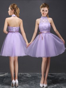 Charming Halter Top Organza Sleeveless Mini Length Bridesmaids Dress and Lace and Belt