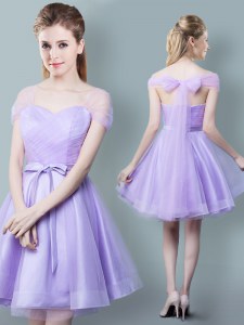 On Sale Empire Quinceanera Dama Dress Lavender Straps Tulle Cap Sleeves Knee Length Zipper