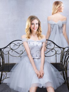 Off the Shoulder Short Sleeves Sleeveless Lace and Appliques and Belt Lace Up Dama Dress for Quinceanera