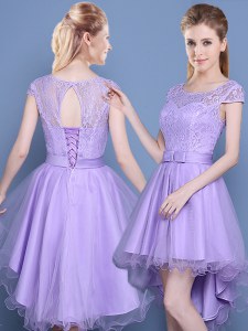 Perfect Scoop Tulle Cap Sleeves High Low Quinceanera Court of Honor Dress and Lace