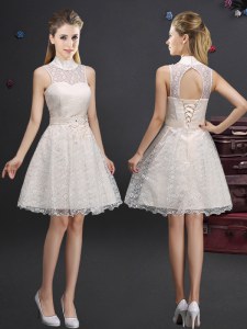 A-line Quinceanera Dama Dress Champagne High-neck Lace Sleeveless Knee Length Lace Up