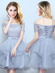 On Sale Mini Length Grey Quinceanera Dama Dress Off The Shoulder Short Sleeves Lace Up