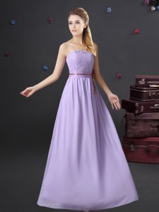 Attractive Floor Length Lavender Bridesmaids Dress Chiffon Sleeveless Lace and Belt