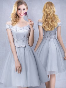 Best Selling Off the Shoulder Grey A-line Appliques and Belt Quinceanera Court of Honor Dress Lace Up Tulle Sleeveless Knee Length