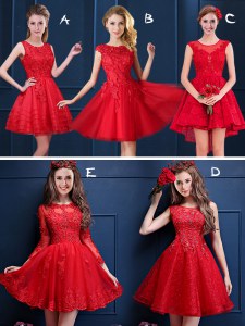 Red Scoop Lace Up Lace and Appliques Quinceanera Dama Dress Sleeveless