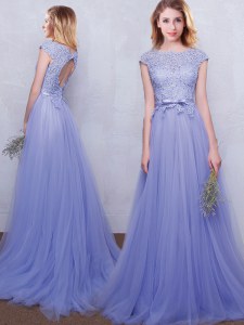 Scoop Lace and Belt Court Dresses for Sweet 16 Lavender Backless Cap Sleeves With Brush Train