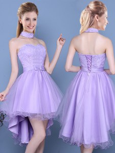 Taffeta and Tulle Sweetheart Sleeveless Lace Up Lace and Bowknot Vestidos de Damas in Lavender