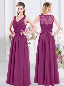 Fuchsia Empire Lace and Ruching Quinceanera Court Dresses Side Zipper Chiffon Sleeveless Floor Length