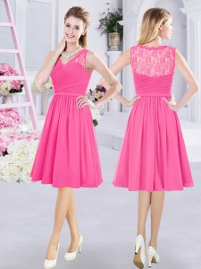 Exquisite Hot Pink Chiffon Side Zipper V-neck Sleeveless Knee Length Dama Dress for Quinceanera Lace and Ruching