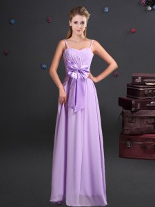 Chiffon Sleeveless Floor Length Quinceanera Dama Dress and Ruching and Bowknot