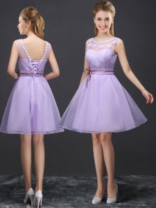 Delicate Lavender A-line Scoop Sleeveless Organza Mini Length Lace Up Lace Wedding Guest Dresses