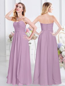 Excellent Sleeveless Chiffon Floor Length Zipper Bridesmaid Dress in Lavender with Ruching