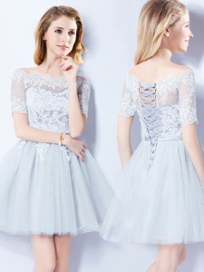 Luxurious Light Blue Lace Up Off The Shoulder Lace Dama Dress for Quinceanera Tulle Short Sleeves
