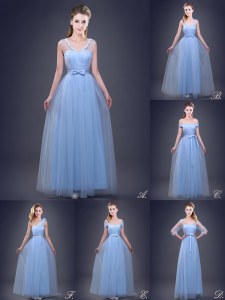 Light Blue Quinceanera Court Dresses Prom and For with Beading and Appliques and Ruching and Bowknot and Hand Made Flower Sleeveless Lace Up