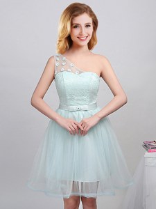 Perfect One Shoulder Mini Length A-line Sleeveless Apple Green Damas Dress Lace Up